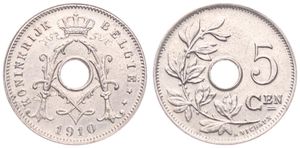 Belgium, Kingdom, Albert I, 5 Centimes Copper-Nickel 1910FL, Center hole within crowned monogram, Morin 354, UNC
