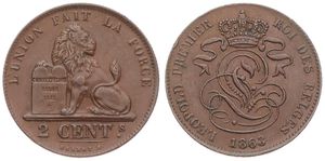 Belgium, Kingdom, Leopold I, 2 Centimes Copper 1863, Seated lion with tablet, Morin 111, XF/AU