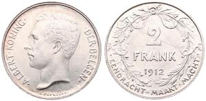Belgium, Kingdom, Albert I, 2 Francs Silver 1912FL, Head left, Morin 287, A.UNC