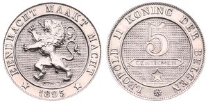 Belgium, Kingdom, Leopold II, 5 Centimes Copper-Nickel 1895FL, Rampant lion within circle left, Morin 247, UNC