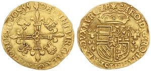 Burgundy, Charles V, 1 Gouden Zonnekroon Gold 1555, Crowned arms within circle / Floriated cross with symbols, VH 223.AN - Antwerp, SCARCE, VF (*)