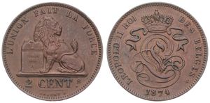 Belgium, Kingdom, Leopold II, 2 Centimes Copper 1874FR, Seated lion with tablet, Morin 210, A.UNC