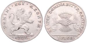 Austrian Netherlands, Insurrection Coinage, 1 Florin Silver 1790(b), Rampant lion right / Arrows back of grasped hands at center, KM 49 Brussels, RARE !, XF