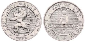 Belgium, Kingdom, Leopold II, 5 Centimes Copper-Nickel 1895/94FL, Rampant lion within circle left, Morin 247a, XF
