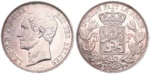 Belgium, Kingdom, Leopold I, 5 Francs Silver 1865, Bare head left, Morin 45, XF