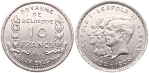 Belgium, Kingdom, Albert I, 10 Francs (2 Belgas) Nickel 1930FR (Position A), 100th Anniversary of Belgian Independence, Morin 380a, XF