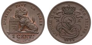 Belgium, Kingdom, Leopold II, 1 Centime Copper 1875FR, Seated lion with tablet, Morin 223, UNC