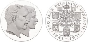 Belgium, Kingdom, Baudouin I, Medal in Silver 1981 by V.B., 150 Years Belgian Dynasty, Conjoined busts of King Albert I & Queen Elisabeth / Belgian Coat of Arms, PROOF 