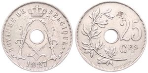 Belgium, Kingdom, Albert I, 25 Centimes Copper-Nickel 1927FR, Center hole within crowned monogram, Morin 331, SCARCE VARIETY WITH DOUBLE 7 IN DATE !, VF