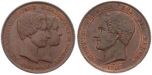 Belgium, Kingdom, Leopold I, 10 Centimes (Medallic) Copper 1853, Marriage of the Duke and Dutchess of Brabant, Morin M/3a, (With large date), A.UNC