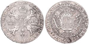 Austrian Netherlands, Maria Theresia, 1 Kronenthaler Silver 1765(b), Floriated cross with 3 crowns & Golden Fleece / Crowned imperial double headed eagle, KM 22 Brussels, VF