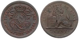 Belgium, Kingdom, Leopold I, 2 Centimes Copper 1833, Seated lion with tablet, Morin 87, XF
