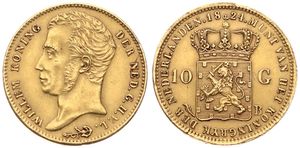 Netherlands, Kingdom, William I, 10 Gulden Gold 1824B, Head left / Crowned arms, KM 56 Brussels, A.XF (*)