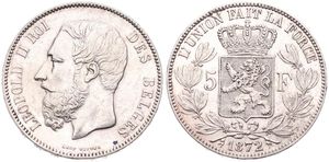 Belgium, Kingdom, Leopold II, 5 Francs Silver 1872, Bearded head left, Morin 159, A.XF