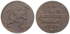 Austrian Netherlands, Insurrection Coinage, 1 Liard Copper 1790(b), Rampant lion right holding staff / Legend in 6 lines, KM 44 Brussels, A.XF