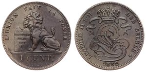Belgium, Kingdom, Leopold II, 1 Centime Copper 1882FR, Seated lion with tablet, Morin 225, UNC