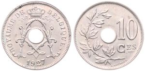 Belgium, Kingdom, Albert I, 10 Centimes Copper-Nickel 1927FR, Center hole within crowned monogram, Morin 347, UNC