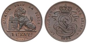 Belgium, Kingdom, Leopold II, 1 Centime Copper 1874FR, Seated lion with tablet, Morin 222, UNC