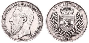 Congo Free State, Royal Domain, Leopold II, 50 Centimes Silver 1896, Bearded head left, KM 5, VF