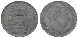Belgium, Kingdom, Leopold III, 5 Francs Zinc 1945FL, Head right, Morin 475, SCARCE KEY DATE, VF
