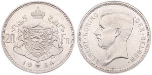 Belgium, Kingdom, Albert I, 20 Francs Silver 1934FL (Position A), Head left, Morin 308a, UNC