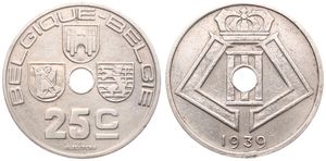 Belgium, Kingdom, Leopold III, 25 Centimes Nickel-Brass 1939FR/FL, Center hole within crowned monogram, Morin 463, VARIETY : STRUCK IN MEDAL ALIGNMENT !, VF
