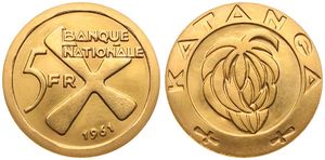 Katanga, Province, 5 Francs Gold 1961, Bananas within inner circle / Katangese cross, KM 2a, UNC (*)