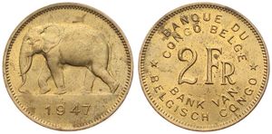 Belgian Congo, Colony, Prince Charles, 2 Francs Brass 1947, African Elephant left, KM 28, A.UNC