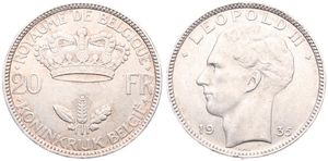 Belgium, Kingdom, Leopold III, 20 Francs Silver 1935FR/FL (Position A), Head left, Morin 449a, A.UNC
