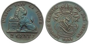 Belgium, Kingdom, Leopold I, 2 Centimes Copper 1851, Seated lion with tablet, Morin 100a, VARIETY WITHOUT DOT AFTER BRAEMT F, VF
