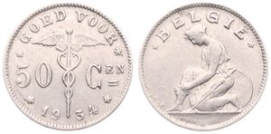 Belgium, Kingdom, Albert I, 50 Centimes Nickel 1934FL, Kneeling woman left, Morin 423, RARE KEY DATE !, XF