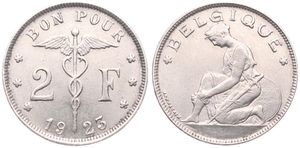 Belgium, Kingdom, Albert I, 2 Francs Nickel 1923FR, Kneeling woman left, Morin 391, A.UNC