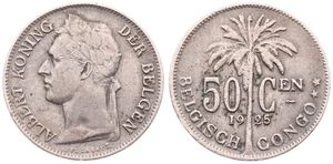 Belgian Congo, Colony, Albert I, 50 Centimes Copper-Nickel 1925, Laureate head of the King left, KM 23 Flemish Legend, VF