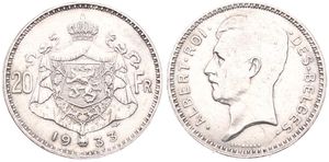 Belgium, Kingdom, Albert I, 20 Francs Silver 1933FR (Position A), Head left, Morin 305a, XF