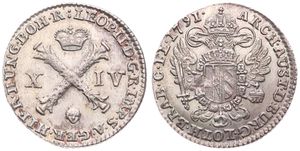 Austrian Netherlands, Leopold II, 14 Liards Silver 1791(b), Burgundian cross divides value / Crowned imperial double eagle, KM 39 Brussels, XF