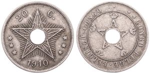 Belgian Congo, Colony, Albert I, 20 Centimes Copper-Nickel 1910, Center hole flanked by crowned monograms within beaded circle, KM 19, VF
