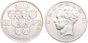 Belgium, Kingdom, Leopold III, 50 Francs Silver 1940FL/FR (Position B), Crown above nine shields, Morin 447f, SCARCE VARIETY WITH TRIANGLE IN THIRD SHIELD FROM LEFT, A.UNC