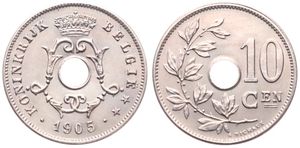 Belgium, Kingdom, Leopold II, 10 Centimes Copper-Nickel 1905FL, Center hole within crowned monogram, Morin 265, UNC