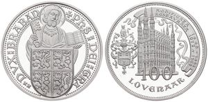 Belgium, Kingdom, Baudouin I, Leuven - 100 Lovenaar in Silver 1980, Municipal House of Leuven flanked by Coat of arms / Bust of Saint Peter with crest, PROOF