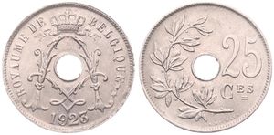 Belgium, Kingdom, Albert I, 25 Centimes Copper-Nickel 1923FR, Center hole within crowned monogram, Morin 328, UNC