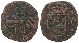 Spanish Netherlands, Philip IV, 1 Oord Copper 1644, Crowned title and three shields / Crowned arms, VH 653.TO - Tournai, A.VF 