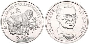 Zaire, Republic, 2-1/2 Zaires Silver 1975, Conservation - Mountain Gorillas, KM 9, UNC