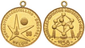 Belgium, Kingdom, Baudouin I, Medal in Brass 1958 by Rau, Wereldtentoonstelling Brussel - Expo 58, Star logo and Globe / Brussels Atomium, A.UNC