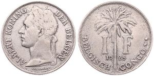 Belgian Congo, Colony, Albert I, 1 Franc Copper-Nickel 1925, Laureate head of the King left, KM 21 Flemish Legend, VF
