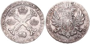 Austrian Netherlands, Maria Theresia, 1 Kronenthaler Silver 1765(b), Floriated cross with crowns at angles / Crowned imperial double headed eagle, KM 21 Brussels, A.VF