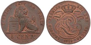 Belgium, Kingdom, Leopold I, 5 Centimes Copper 1859, Seated lion with tablet, Morin 85, A.XF (edgenick)