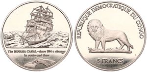 Congo Democratic Republic, Republic, 5 Francs Copper-Nickel 2000, Sailing Ship at the Panama Canal, KM 24, UNC