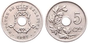 Belgium, Kingdom, Leopold II, 5 Centimes Copper-Nickel 1907FR, Center hole within crowned monogram, Morin 279, VF