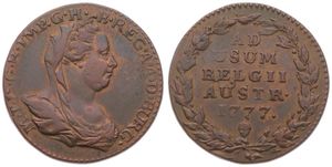Austrian Netherlands, Maria Theresia, 2 Liards Copper 1777(b), Veiled bust right, KM 29 Brussels, VF