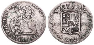 Spanish Netherlands, Philip V, 1 Schelling Silver 1705, Rampant lion left holding sword and leaning on shield / Crowned arms on cross, VH 741.AN - Antwerp, RARE, Fine